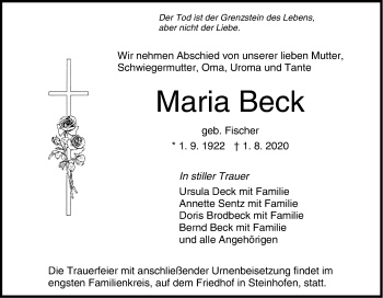 Traueranzeige von Maria Beck von Hohenzollerische Zeitung