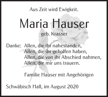 Traueranzeige von Maria Hauser von Haller Tagblatt