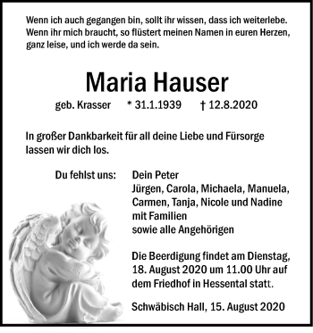 Traueranzeige von Maria Hauser von Haller Tagblatt