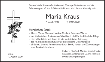 Traueranzeige von Maria Kraus von Haller Tagblatt