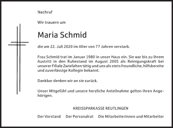 Traueranzeige von Maria Schmid von Metzinger-Uracher Volksblatt