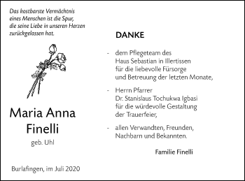 Traueranzeige von Maria Anna Finelli von SÜDWEST PRESSE Ausgabe Ulm/Neu-Ulm