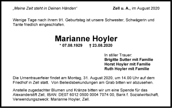 Traueranzeige von Marianne Hoyler von NWZ Neue Württembergische Zeitung