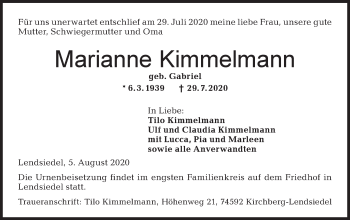 Traueranzeige von Marianne Kimmelmann von Hohenloher Tagblatt