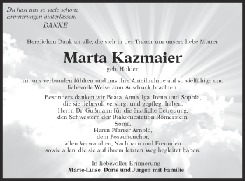 Traueranzeige von Marta Kazmaier von Alb-Bote/Metzinger-Uracher Volksblatt