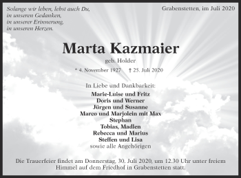 Traueranzeige von Marta Kazmaier von Alb-Bote/Metzinger-Uracher Volksblatt