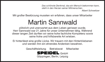 Traueranzeige von Martin Sannwald von NWZ Neue Württembergische Zeitung/Geislinger Zeitung