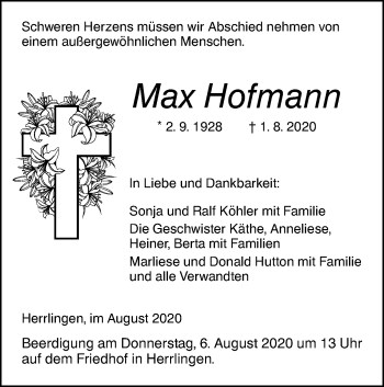 Traueranzeige von Max Hofmann von SÜDWEST PRESSE Ausgabe Ulm/Neu-Ulm