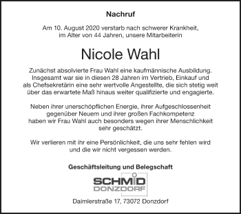 Traueranzeige von Nicole Wahl von NWZ Neue Württembergische Zeitung