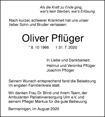 Traueranzeige von Oliver Pflüger von SÜDWEST PRESSE Ausgabe Ulm/Neu-Ulm