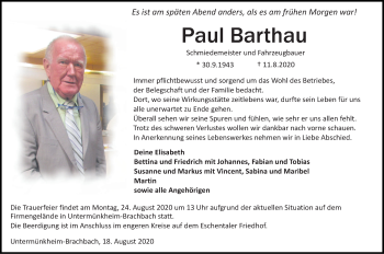 Traueranzeige von Paul Barthau von Haller Tagblatt