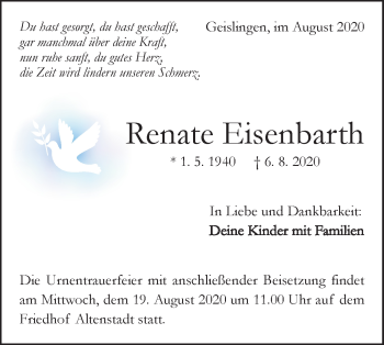 Traueranzeige von Renate Eisenbarth von Geislinger Zeitung