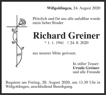 Traueranzeige von Richard Greiner von NWZ Neue Württembergische Zeitung