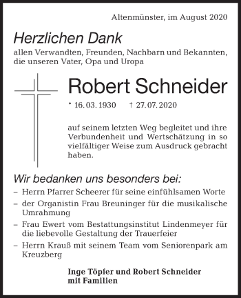 Traueranzeige von Robert Schneider von Hohenloher Tagblatt