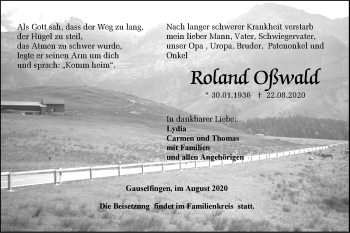 Traueranzeige von Roland Oßwald von Hohenzollerische Zeitung