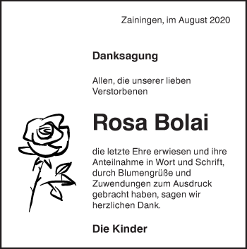 Traueranzeige von Rosa Bolai von Alb-Bote/Metzinger-Uracher Volksblatt