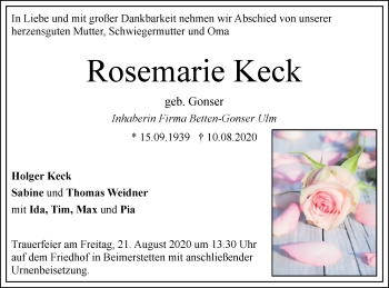 Traueranzeige von Rosemarie Keck von SÜDWEST PRESSE Ausgabe Ulm/Neu-Ulm