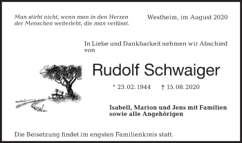 Traueranzeige von Rudolf Schwaiger von Haller Tagblatt