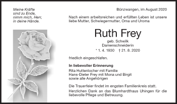 Traueranzeige von Ruth Frey von NWZ Neue Württembergische Zeitung