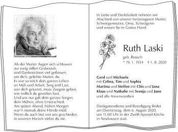 Traueranzeige von Ruth Laski von Metzinger-Uracher Volksblatt