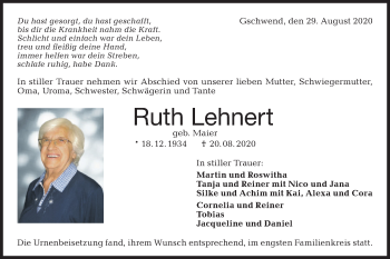 Traueranzeige von Ruth Lehnert von Rundschau Gaildorf