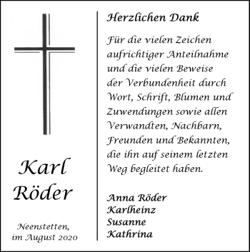 Traueranzeige von Röder Karlheinz von SÜDWEST PRESSE Ausgabe Ulm/Neu-Ulm