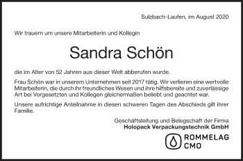 Traueranzeige von Sandra Schön von Rundschau Gaildorf