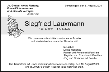 Traueranzeige von Siegfried Lauxmann von Metzinger-Uracher Volksblatt