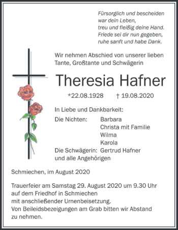 Traueranzeige von Theresia Hafner von Ehinger Tagblatt