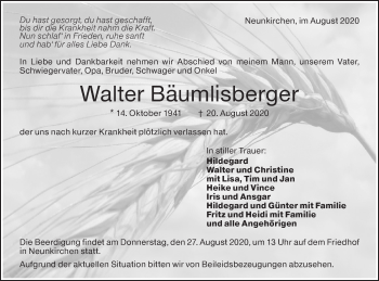 Traueranzeige von Walter Bäumlisberger von Haller Tagblatt