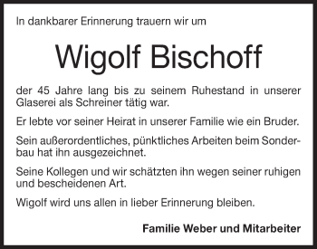 Traueranzeige von Wigolf Bischoff von Haller Tagblatt