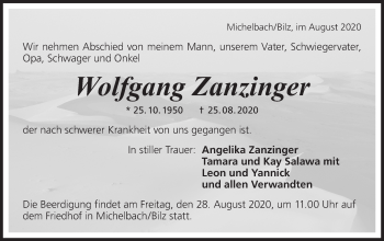 Traueranzeige von Wolfgang Zanzinger von Haller Tagblatt