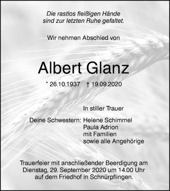 Traueranzeige von Albert Glanz von SÜDWEST PRESSE Ausgabe Ulm/Neu-Ulm