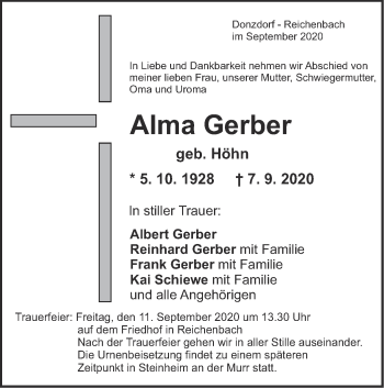 Traueranzeige von Alma Gerber von NWZ Neue Württembergische Zeitung