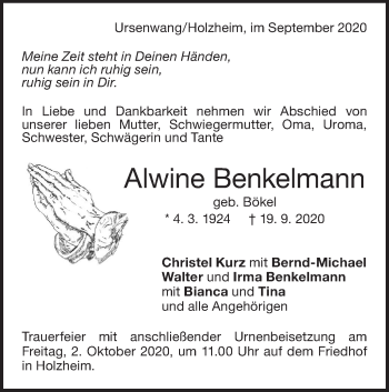 Traueranzeige von Alwine Benkelmann von NWZ Neue Württembergische Zeitung