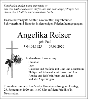 Traueranzeige von Angelika Reiser von SÜDWEST PRESSE Ausgabe Ulm/Neu-Ulm