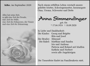 Traueranzeige von Anna Simmendinger von Hohenzollerische Zeitung