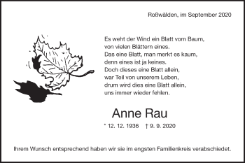 Traueranzeige von Anne Rau von NWZ Neue Württembergische Zeitung