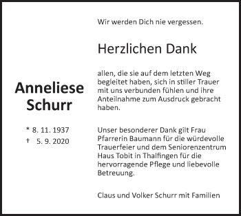 Traueranzeige von Anneliese Schurr von SÜDWEST PRESSE Ausgabe Ulm/Neu-Ulm