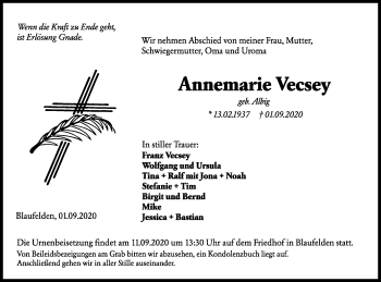 Traueranzeige von Annemarie Vecsey von Hohenloher Tagblatt