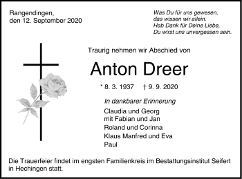 Traueranzeige von Anton Dreer von Hohenzollerische Zeitung