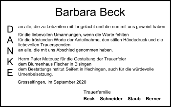 Traueranzeige von Barbara Beck von Hohenzollerische Zeitung