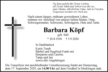 Traueranzeige von Barbara Köpf von SÜDWEST PRESSE Ausgabe Ulm/Neu-Ulm