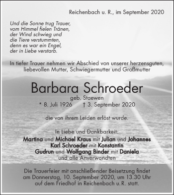 Traueranzeige von Barbara Schroeder von NWZ Neue Württembergische Zeitung