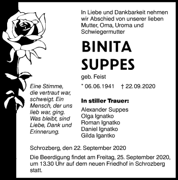 Traueranzeige von Binita Suppes von Hohenloher Tagblatt