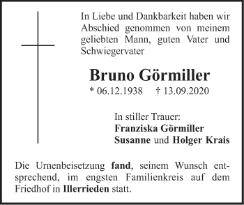 Traueranzeige von Bruno Görmiller von SÜDWEST PRESSE Ausgabe Ulm/Neu-Ulm