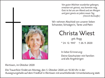 Traueranzeige von Christa Wiest von SÜDWEST PRESSE Ausgabe Ulm/Neu-Ulm