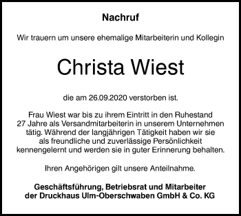 Traueranzeige von Christa Wiest von SÜDWEST PRESSE Ausgabe Ulm/Neu-Ulm