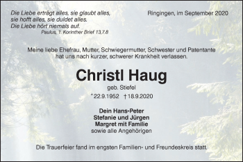 Traueranzeige von Christl Haug von SÜDWEST PRESSE Ausgabe Ulm/Neu-Ulm