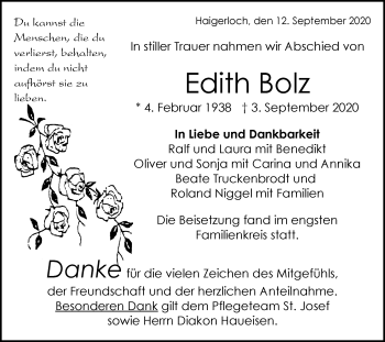 Traueranzeige von Edith Bolz von Hohenzollerische Zeitung